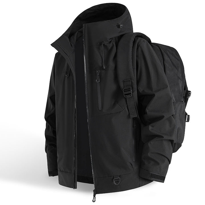 Functional outdoor jacket for men with adjustable hood drawstring and practical zip pockets Lune London