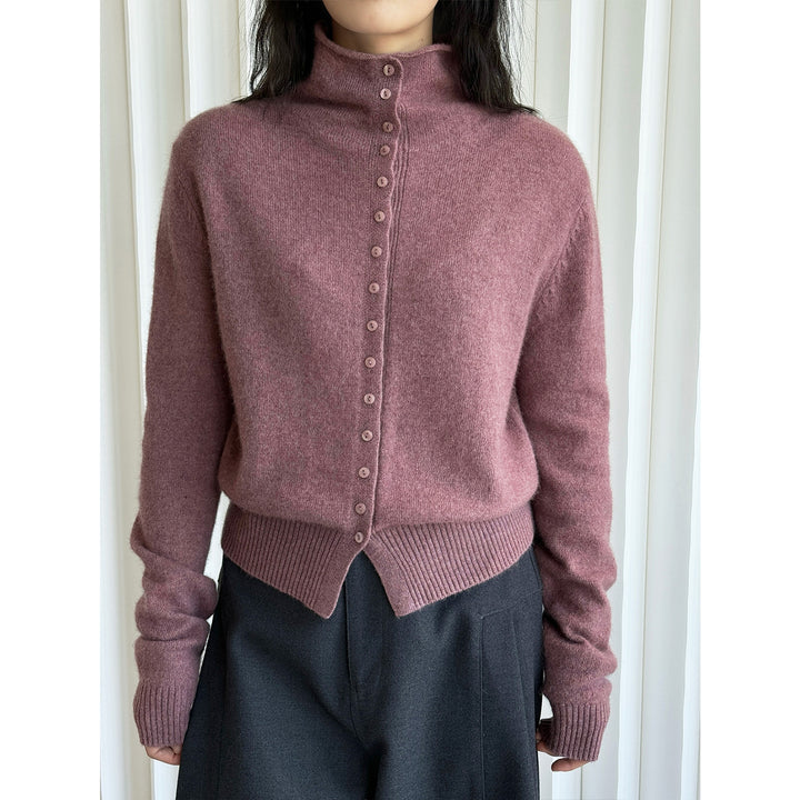 Women's Fluffy Button Cardigan with High Stand-Up Collar and Ribbed Hem Amarae