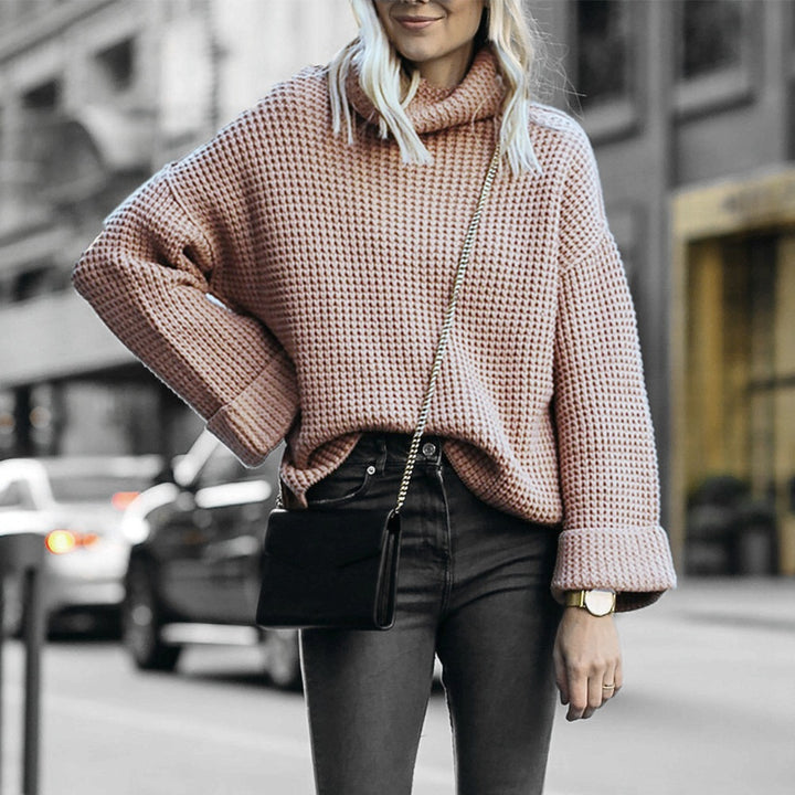 Oversized knitted sweater for women with high collar and structured honeycomb pattern Lune London