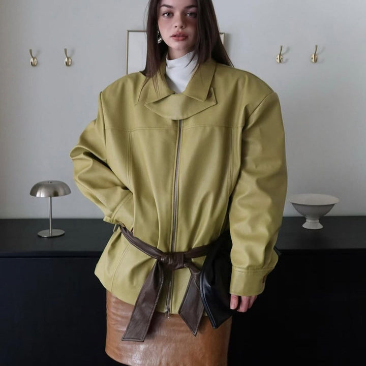 Women's Boxy Faux Leather Jacket with High Stand Collar, Front Zip and Waist Belt Amarae