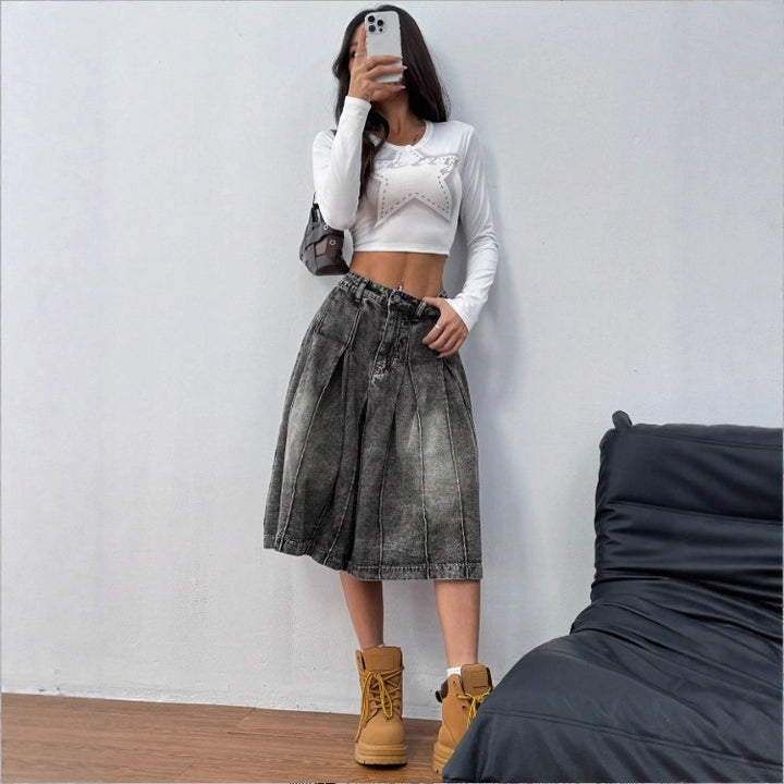 Ladies midi skirt made of denim with vintage wash, pleats and high waist Amarae