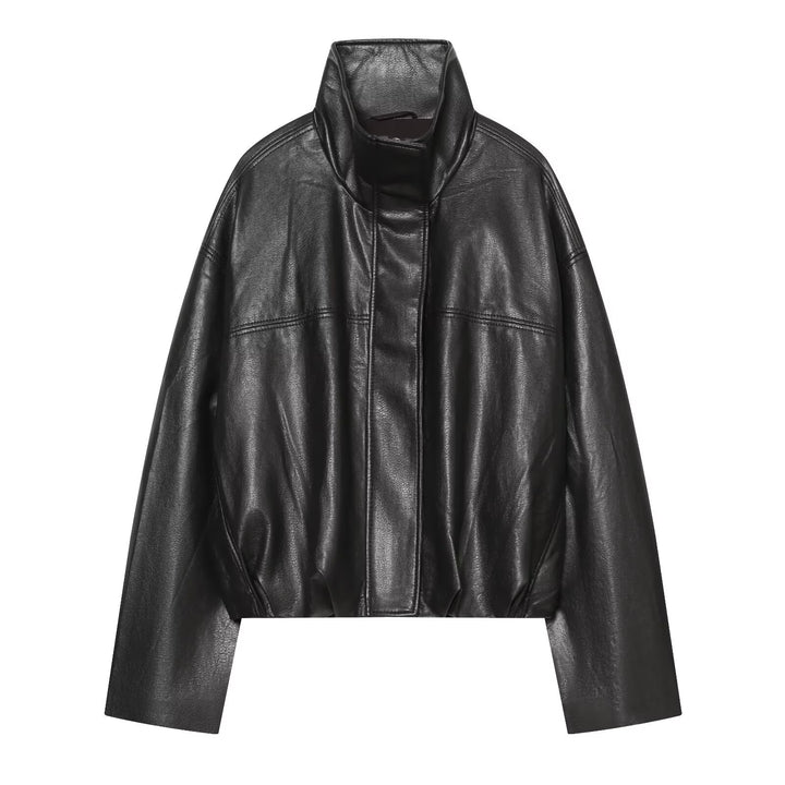 Women's Cropped Boxy Faux Leather Jacket with High Funnel Collar and Concealed Placket Amarae