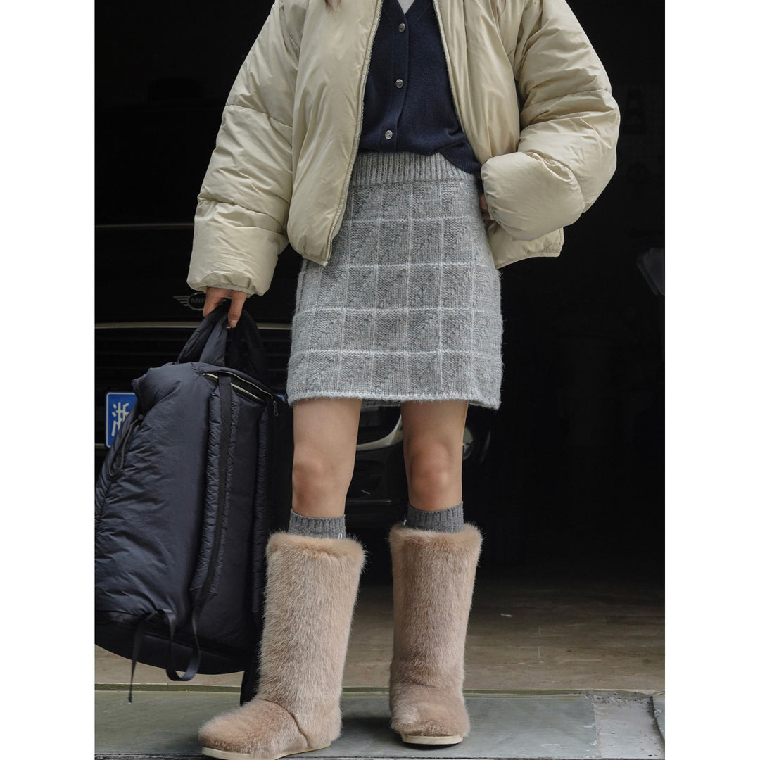 Women's Knitted Check Pattern Mini Skirt with High Waist Amarae