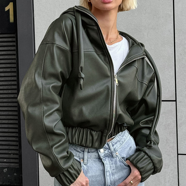 Trendy faux leather jacket for women with hood and elastic belt Lune London