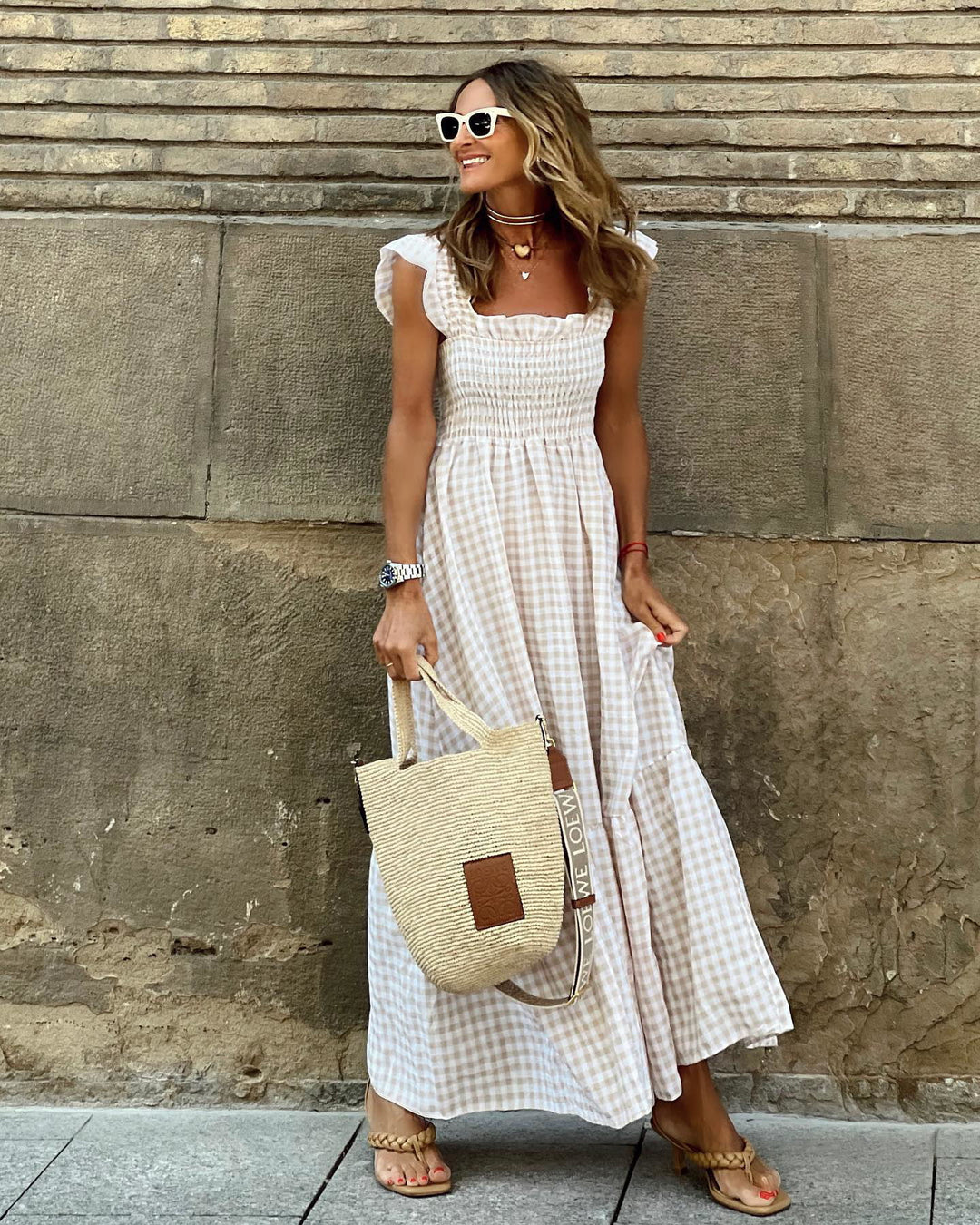 Maxi dress for women with subtle ruffle details and a romantic check pattern Lune London