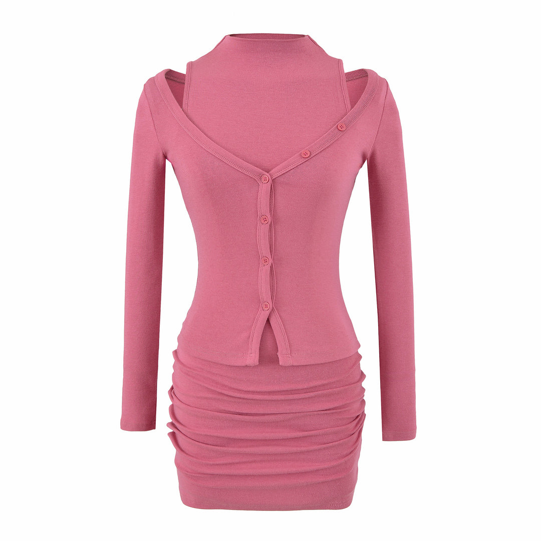 Ladies two-piece knit set with integrated high neck vest and asymmetric button cardigan Amarae