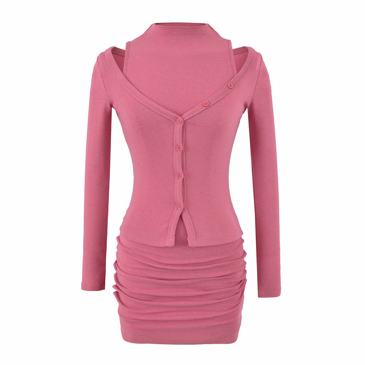 Ladies two-piece knit set with integrated high neck vest and asymmetric button cardigan Amarae