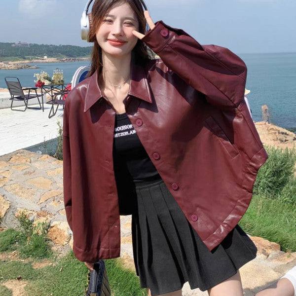 Women Oversized Faux Leather Jacket with Practical Pockets and Button-Down Closure Chic & Stil