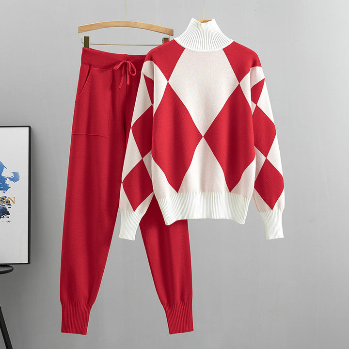 Knit set for women with a modern diamond pattern and a high collar Lune London