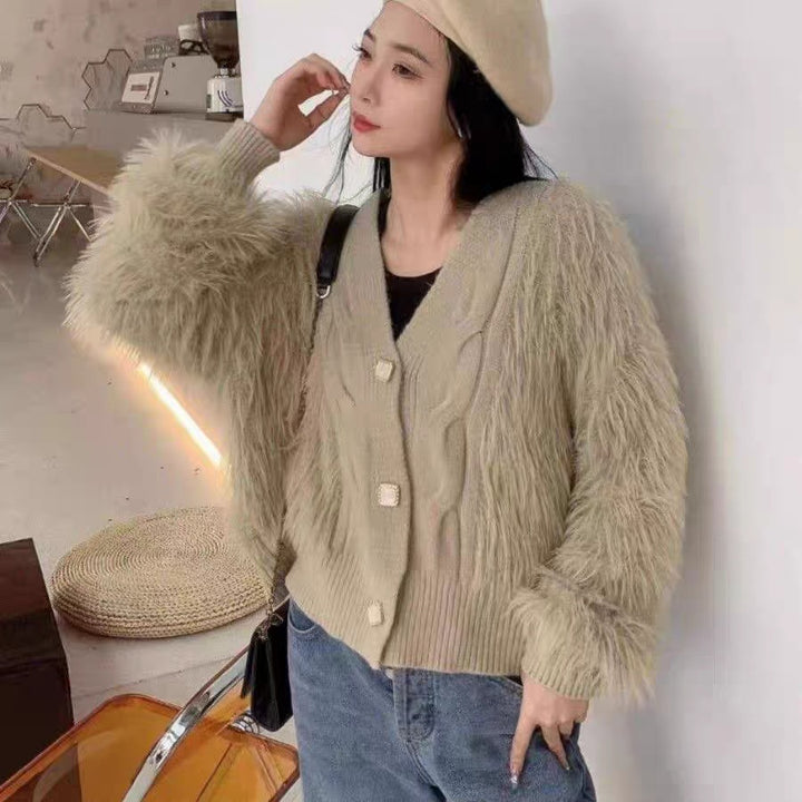 Knitted jacket for women with fluffy sleeves and button closure Lune London