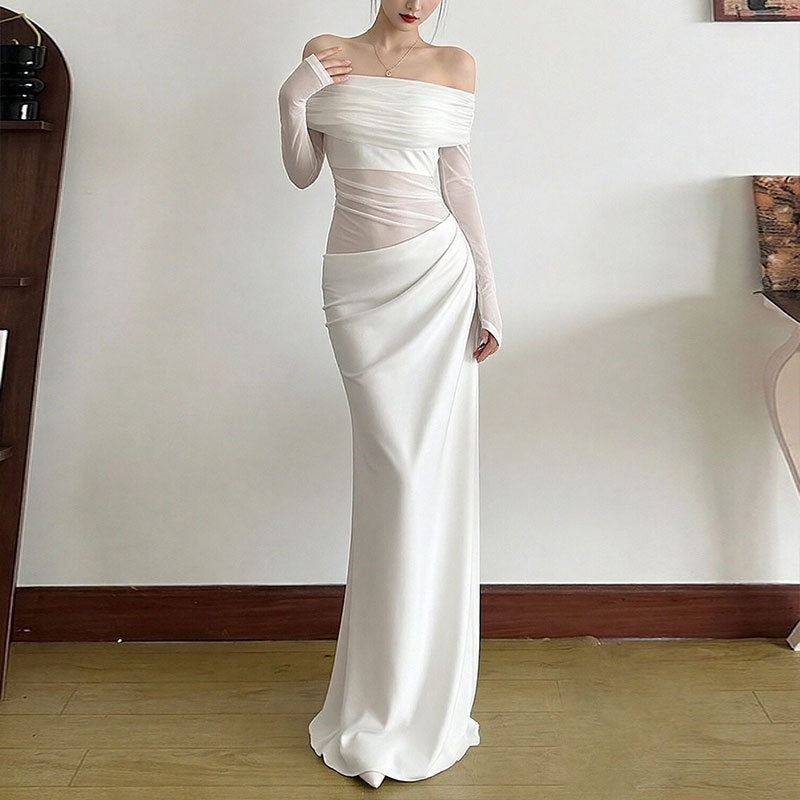 Robe maxi élégante pour femme à épaules découvertes avec détails en volants et manches longues Chic & Stil