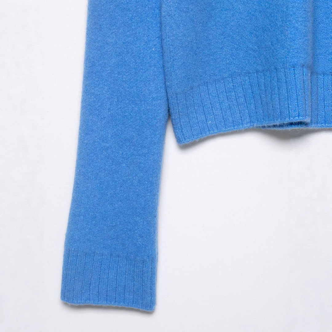 Women's chunky knitted short jacket with zipper, wide collar and ribbed hem Amarae