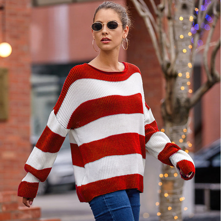 Casual knit sweater for women with a wide striped pattern and a loose fit Lune London