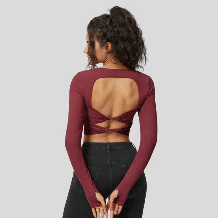 Top court à manches longues ajusté pour femmes avec encolure carrée et tissu en fine rib Chic & Stil