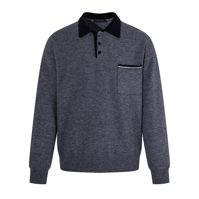 Men's polo shirt-knit sweater with button placket, chest pocket, and contrast collar Amarae