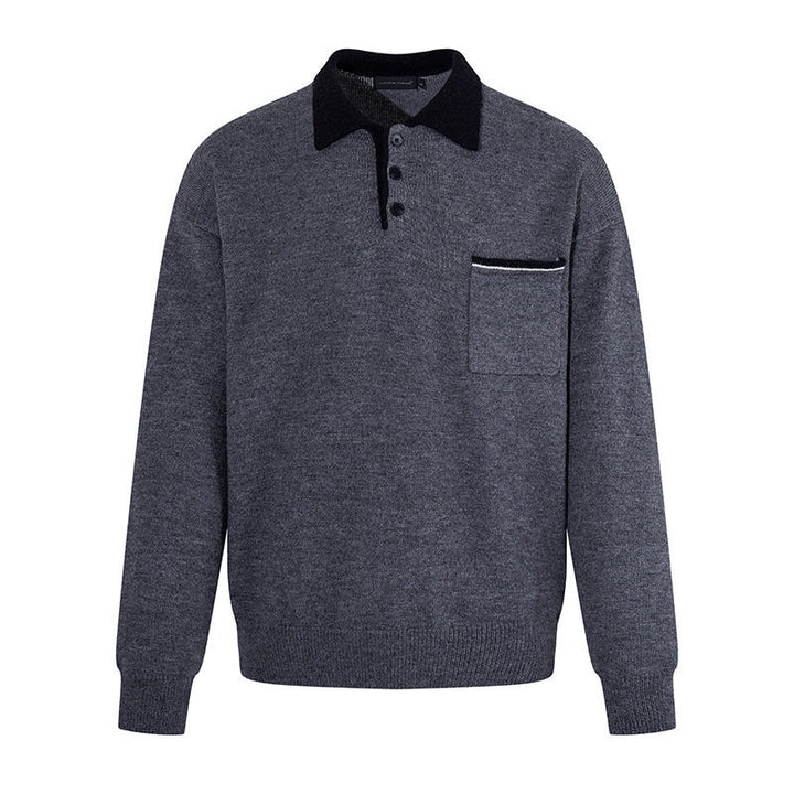 Men's polo shirt-knit sweater with button placket, chest pocket, and contrast collar Amarae