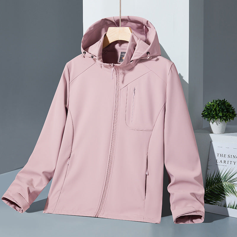 Women Light Softshell Hoodie Jacket with wind and water repellent membrane and chest zip pocket Amarae