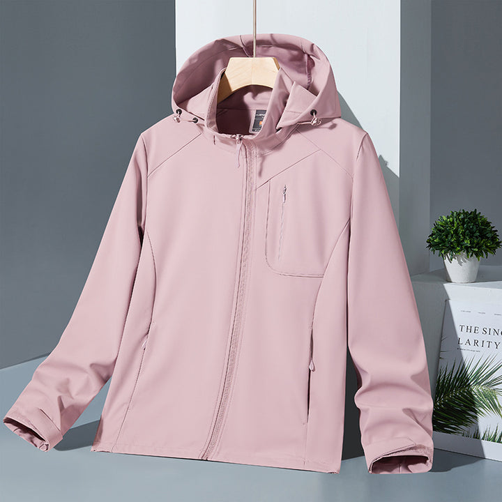 Women Light Softshell Hoodie Jacket with wind and water repellent membrane and chest zip pocket Amarae
