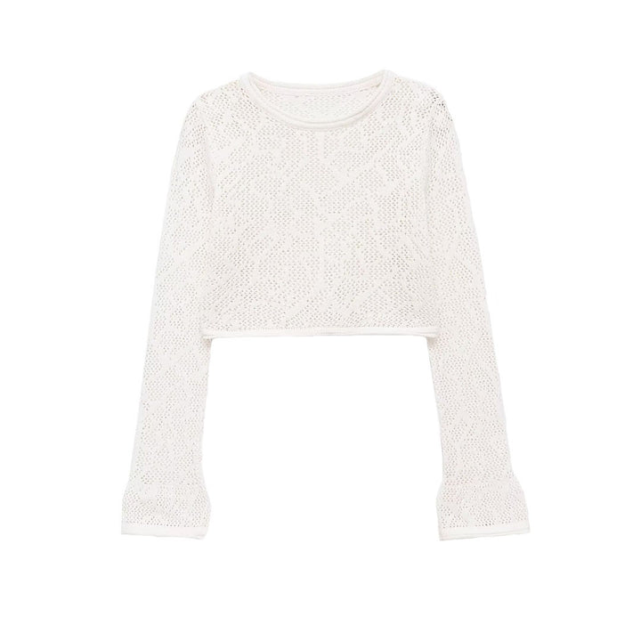 Women's Short Cut Lace Knit Crop Top with Round Neckline and Slightly Flared Sleeves Amarae