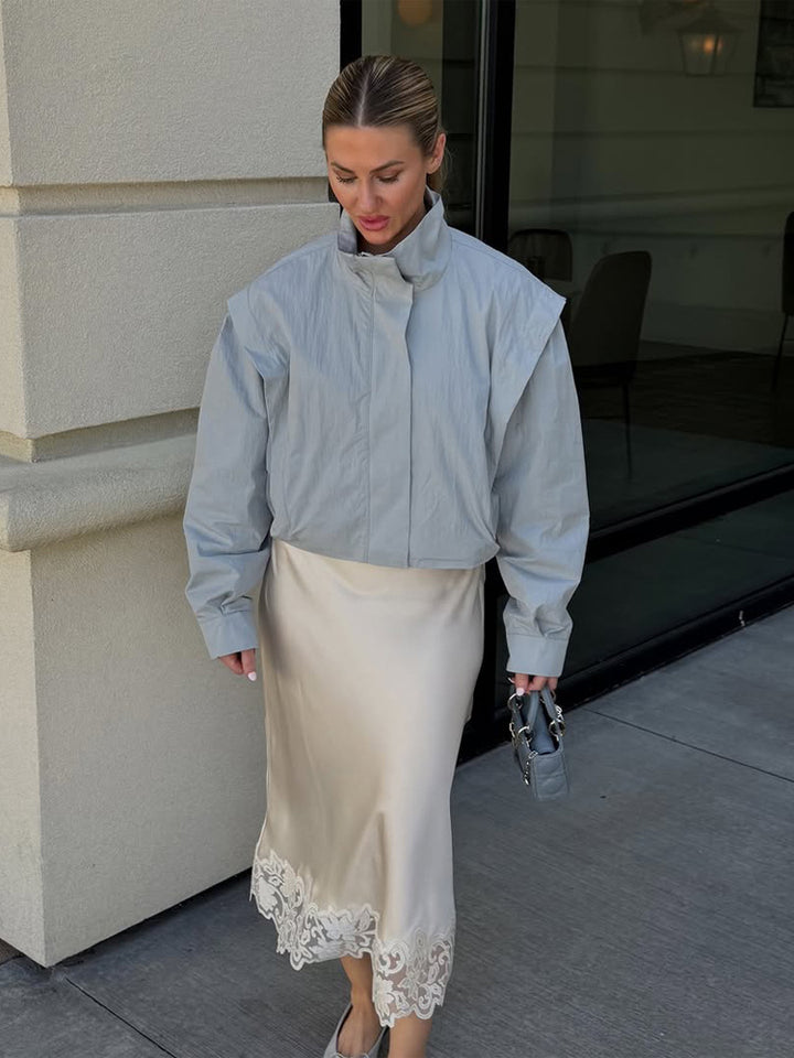 Ladies Cropped Transitional Jacket with Stand Collar and Emphasized Shoulder Area Amarae