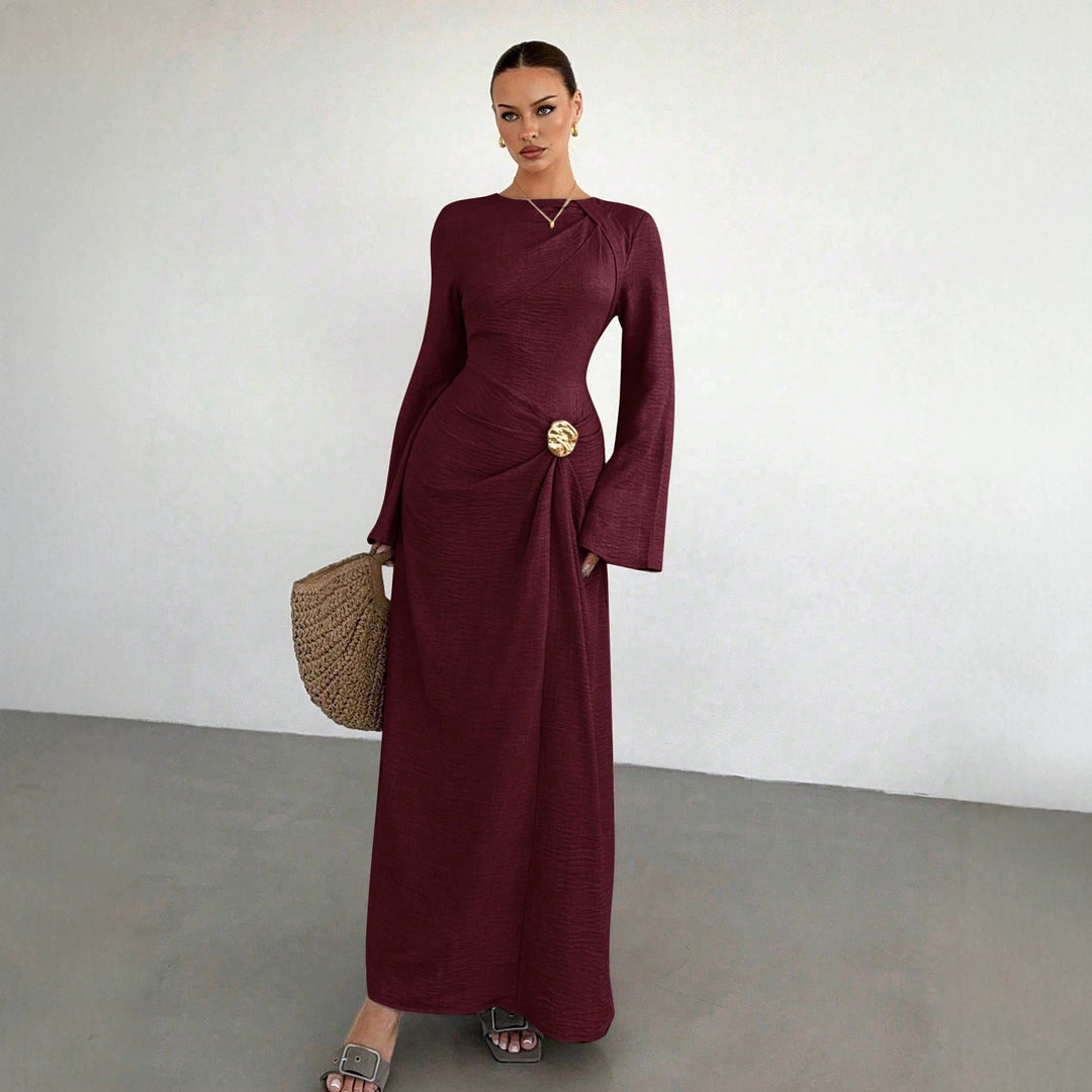 Ladies max dress with draping, decorative brooch and wide trumpet sleeves Amarae