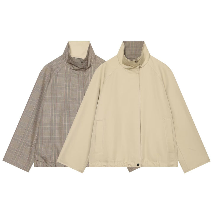 Women's reversible lightweight transitional jacket with stand-up collar, raglan sleeves, and drawstring hem Amarae
