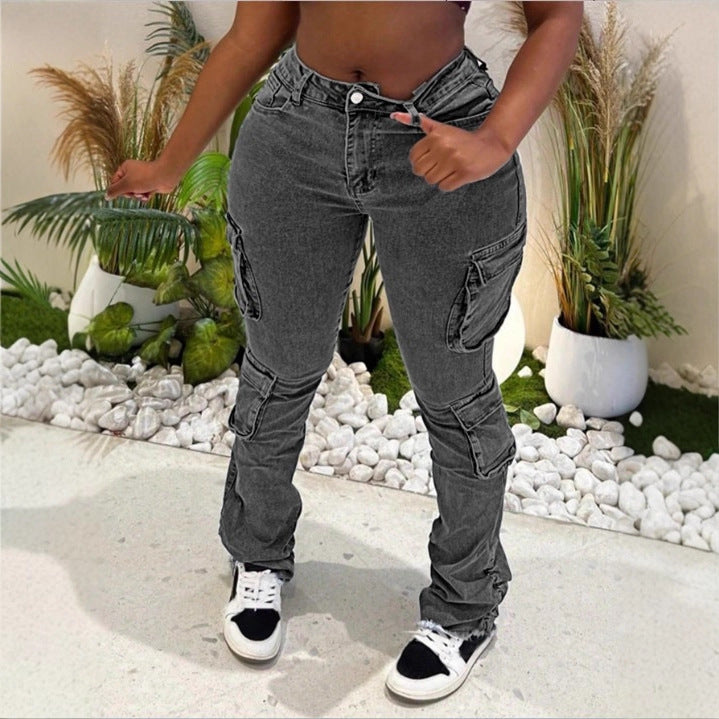 Women High-Cut Cargo Jeans with Multiple Flap Pockets and Frayed Hem Amarae