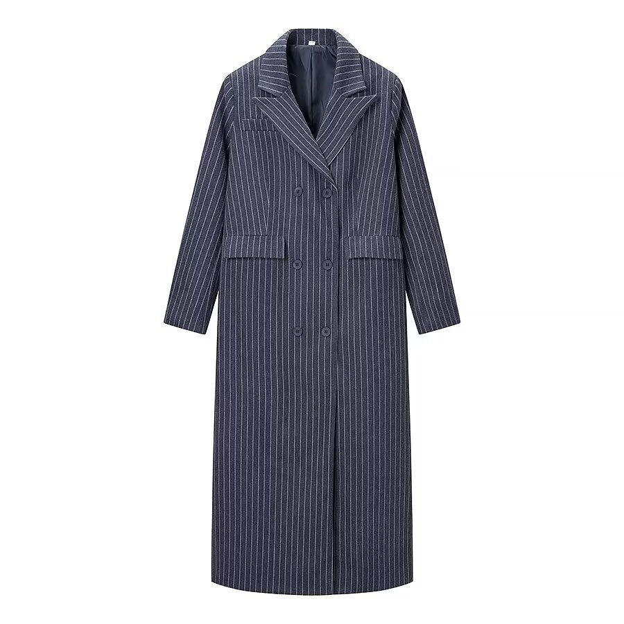 Women's maxi coat in pinstripe look with double-breasted button placket and lapel collar Amarae