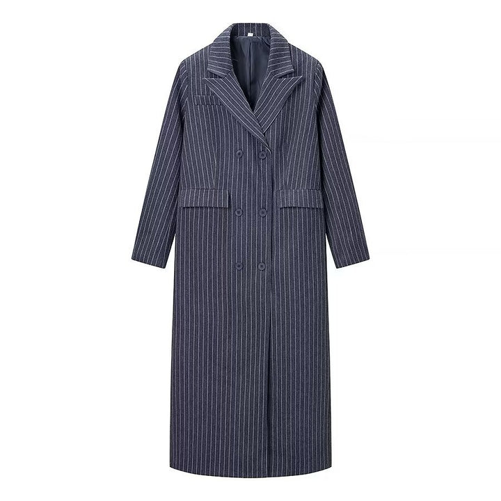 Women's maxi coat in pinstripe look with double-breasted button placket and lapel collar Amarae
