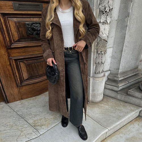 Women Long Suede Coat with Elegant Amarae