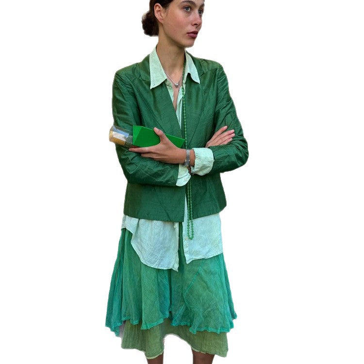 Women's Complete Outfit Short Blazer, Linen Blouse and Layered Midi Skirt Amarae