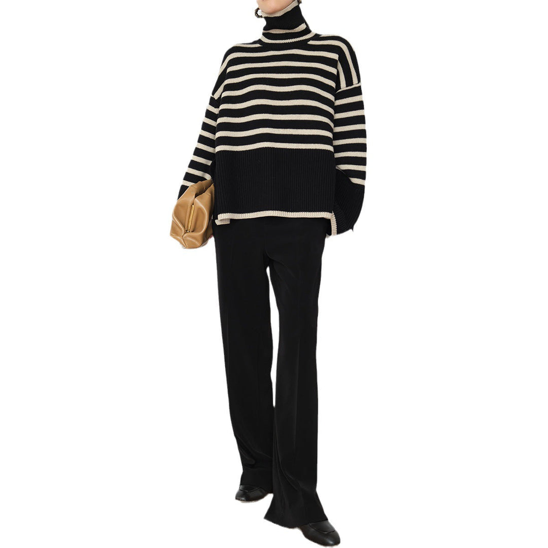 Casual knit sweater for women with colorful stripes and a high collar Lune London