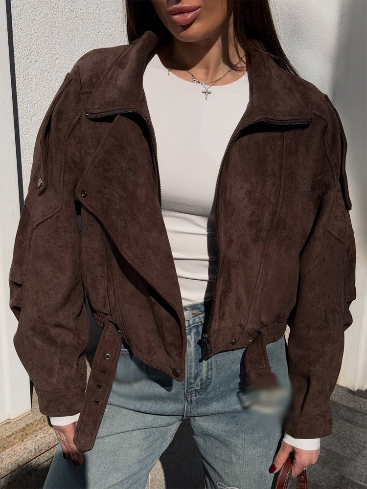 Ladies short-cut suede bomber jacket with belt & oversized sleeves Amarae