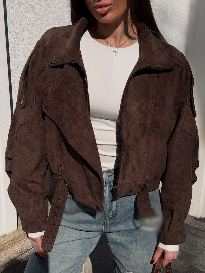 Ladies short-cut suede bomber jacket with belt & oversized sleeves Amarae