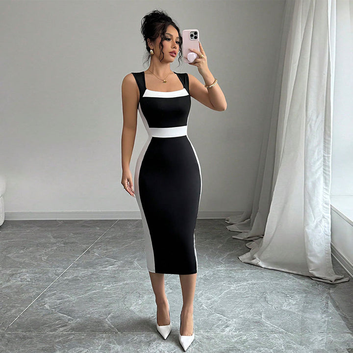 Robe midi ajustée pour femmes avec une coupe contrastée à la mode et des bretelles fines Chic & Stil