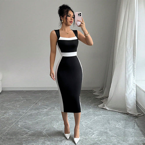 Robe midi ajustée pour femmes avec une coupe contrastée à la mode et des bretelles fines Chic & Stil