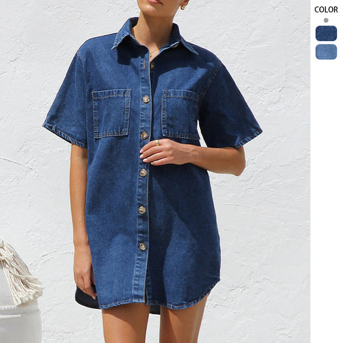 Women’s denim shirt dress with short sleeves and practical pockets
