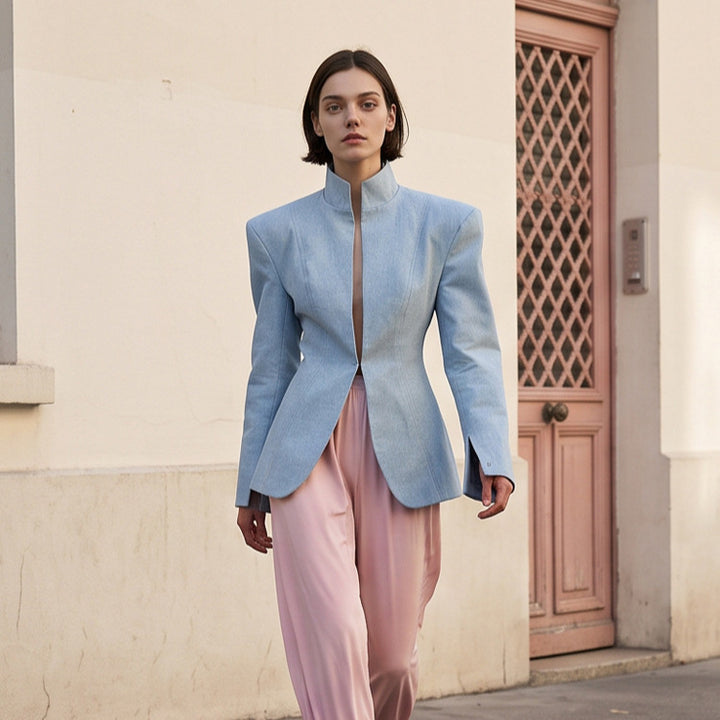 Women's tailored stand collar blazer with concealed hook closure and curved hem Amarae