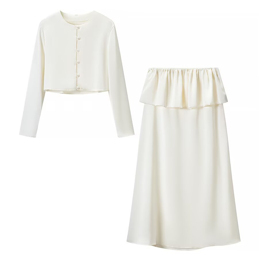 Women Two-Piece Satin Ensemble with Bolero Jacket and Midi Skirt Amarae
