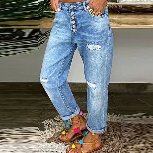 Women's Mom Jeans with button closure and stylish distressed details
