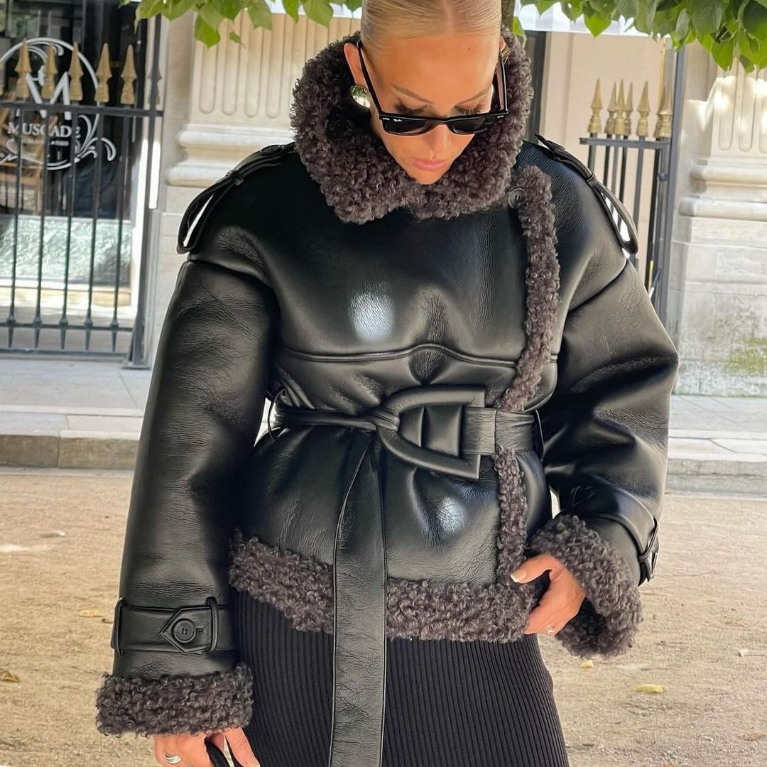 Women Short Sheepskin Imitation Flight Jacket with Waist Belt and Teddy Lining Amarae
