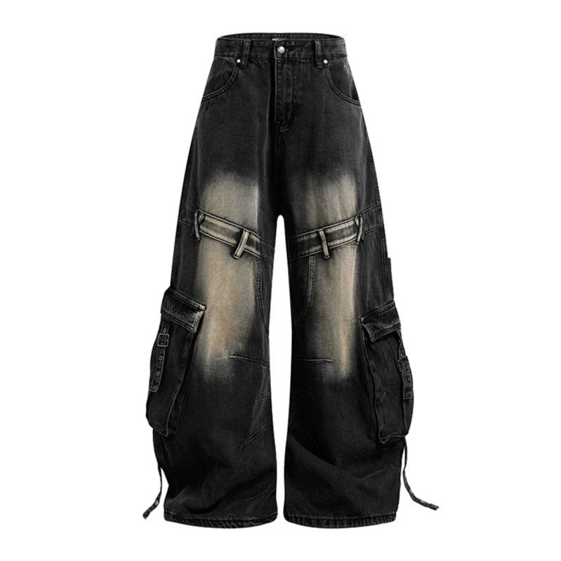Women Wide Denim Cargo Culotte Pants with High Waist and Multifunctional Pockets Amarae