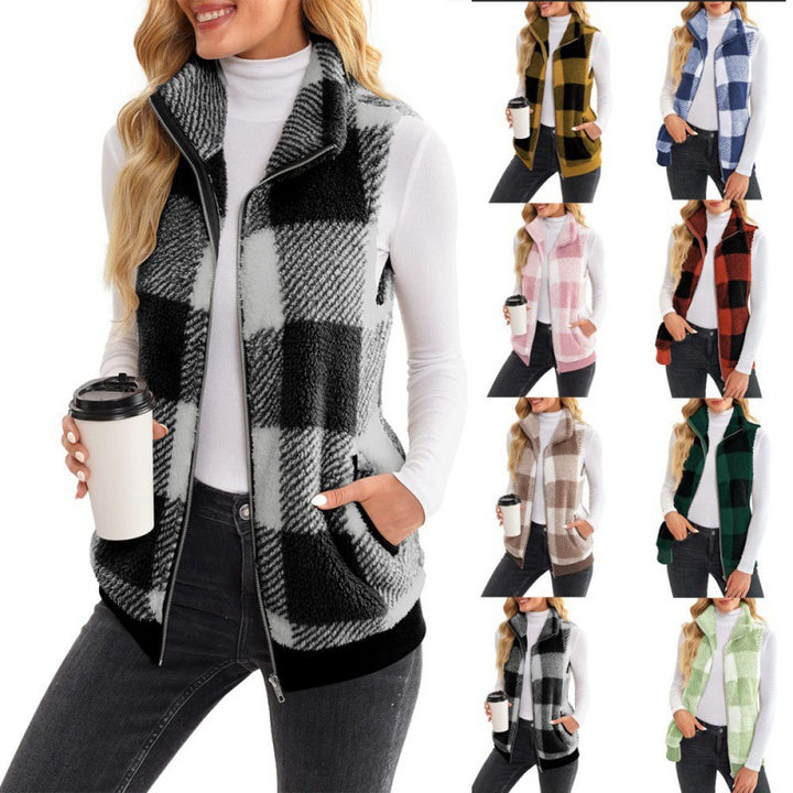 Ladies Checked Teddy Vest with Stand-Up Collar, Zipper and Side Pockets Amarae