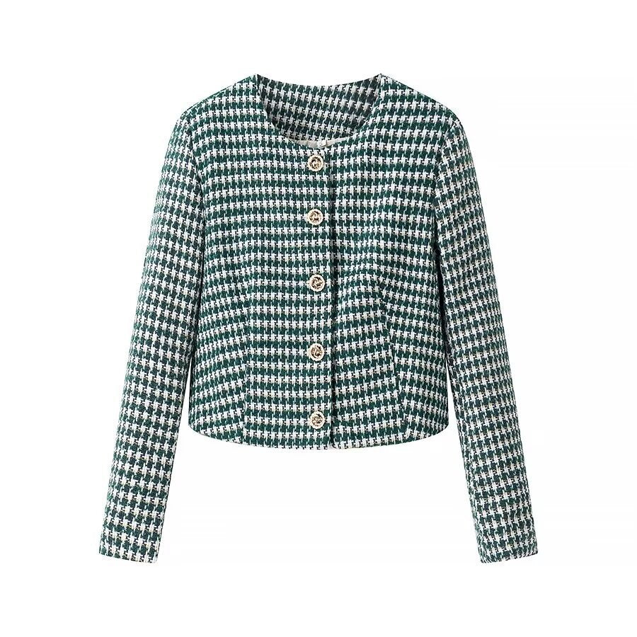 Women Short-Cut Boucle Tweed Blazer with Houndstooth Pattern and Decorative Buttons Amarae