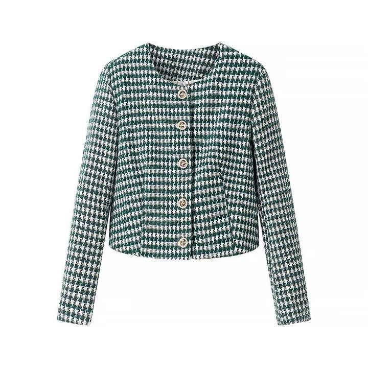 Women Short-Cut Boucle Tweed Blazer with Houndstooth Pattern and Decorative Buttons Amarae