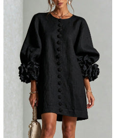 Ladies linen dress in A-line cut with balloon sleeves and 3D flower decoration Amarae