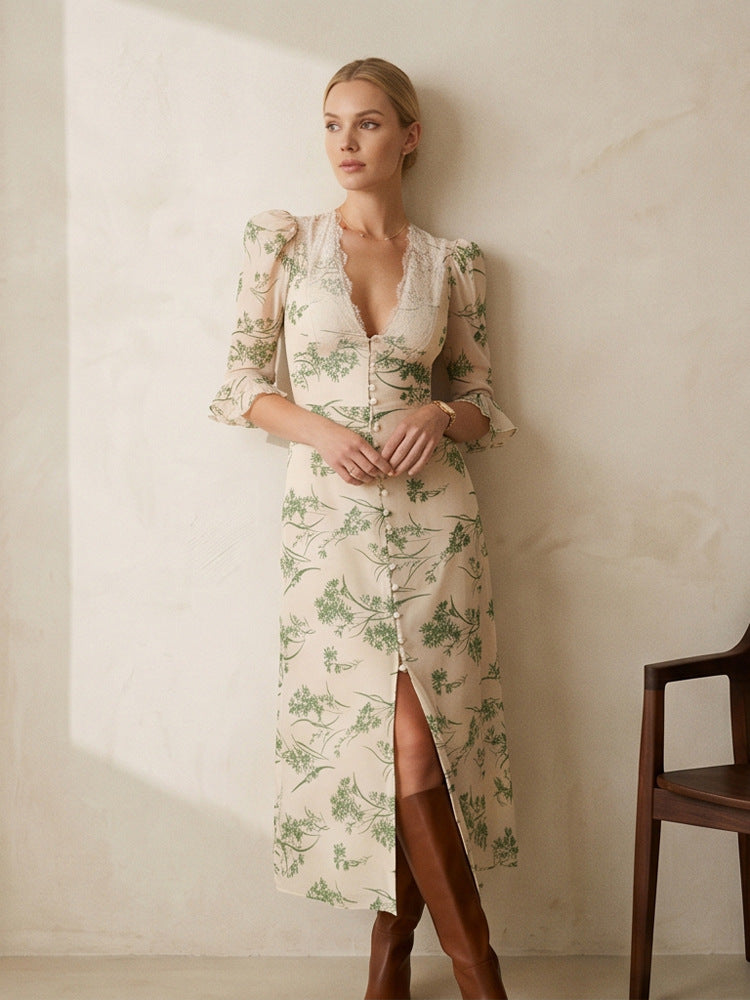 Women Floral Midi Dress with Lace V-Neck, Fitted Waist Seam and Pearl Button Placket Amarae