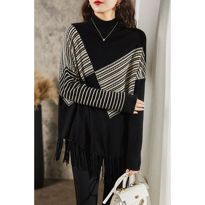 Pull en maille pour femmes avec motif géométrique et franges