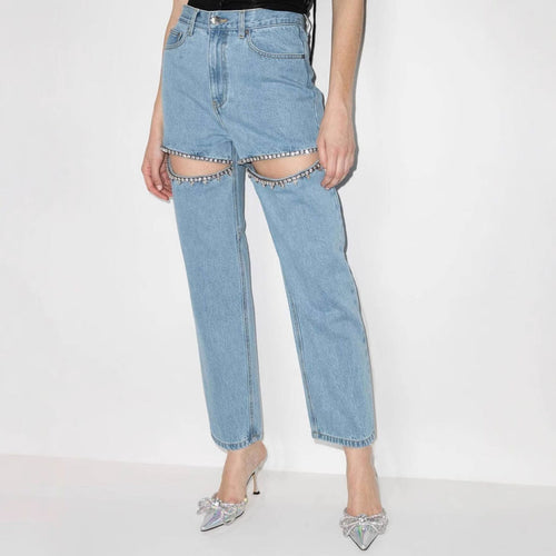 Women's Jeans with Decorative Cut-Outs and Rhinestone Embellishments Amarae