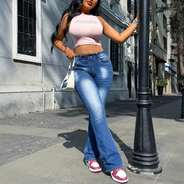 Women's high-waisted flared jeans in retro cut with elastic waistband panel and sculpting fit Amarae